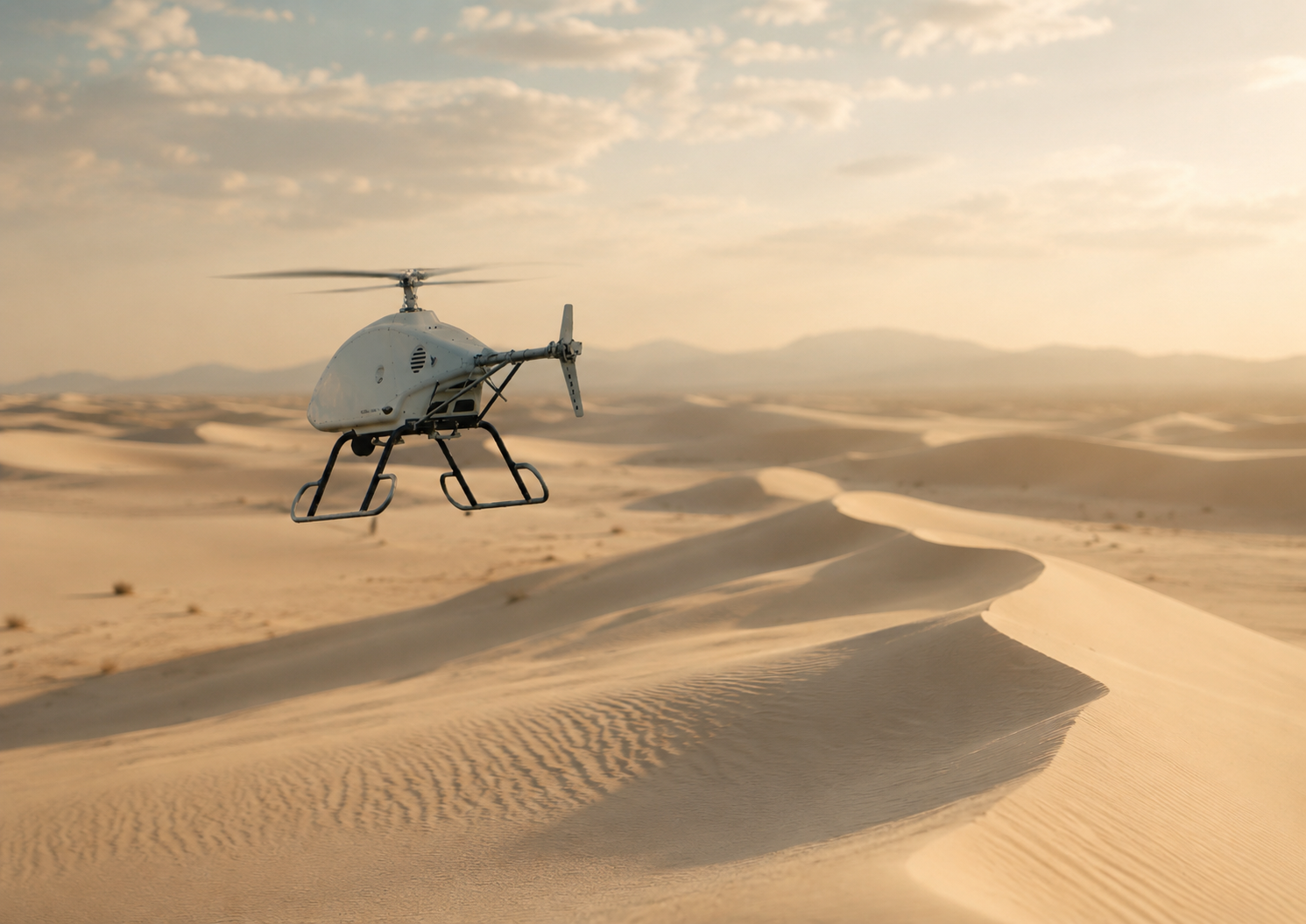 Piston-variant Aeolus UAS flying over desert dunes