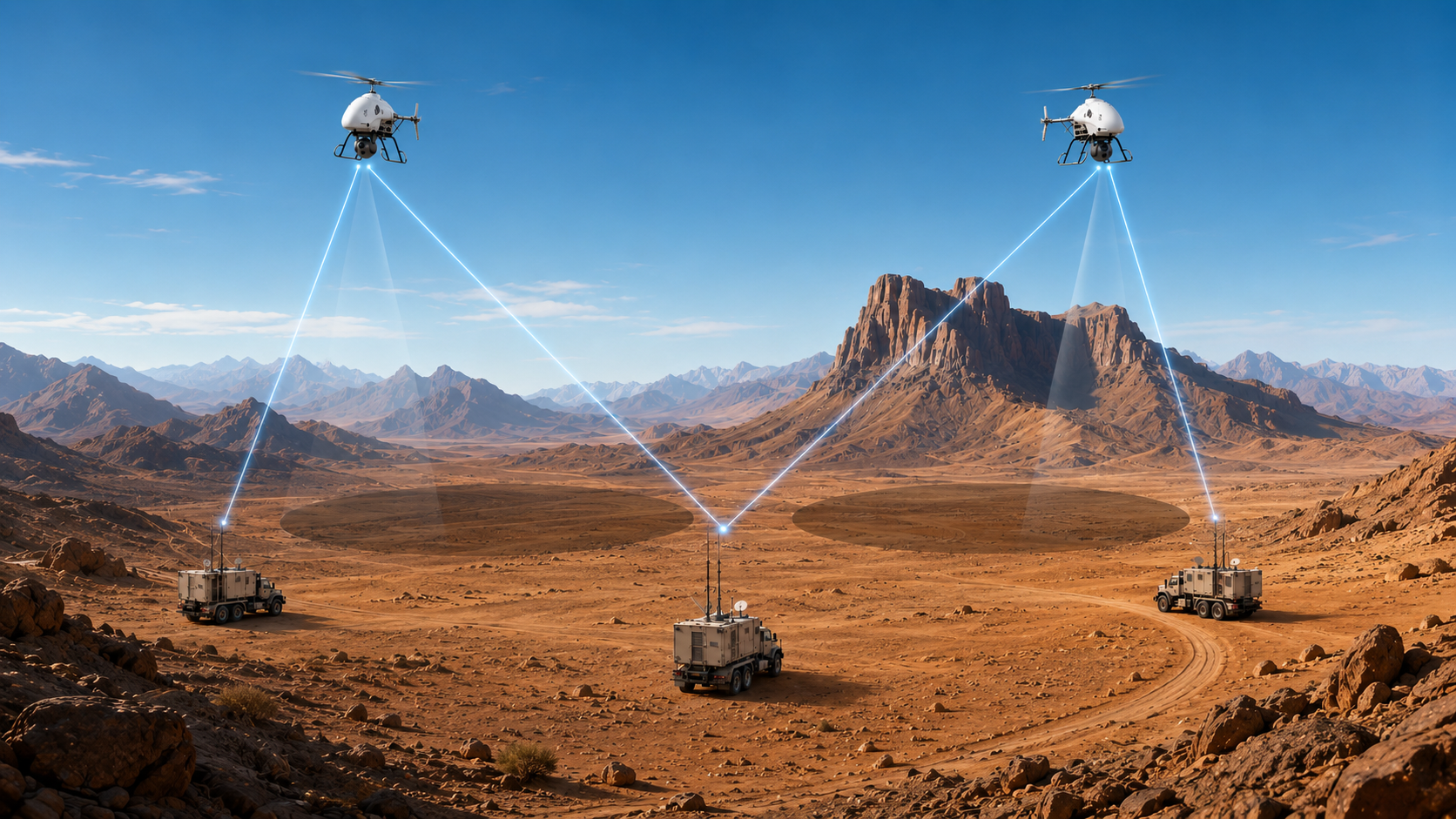 Two Aeolus UAVs relaying encrypted data links to ground stations across the field