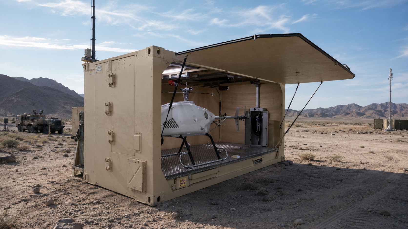 Armored field container with UAV stowed for rapid deployment