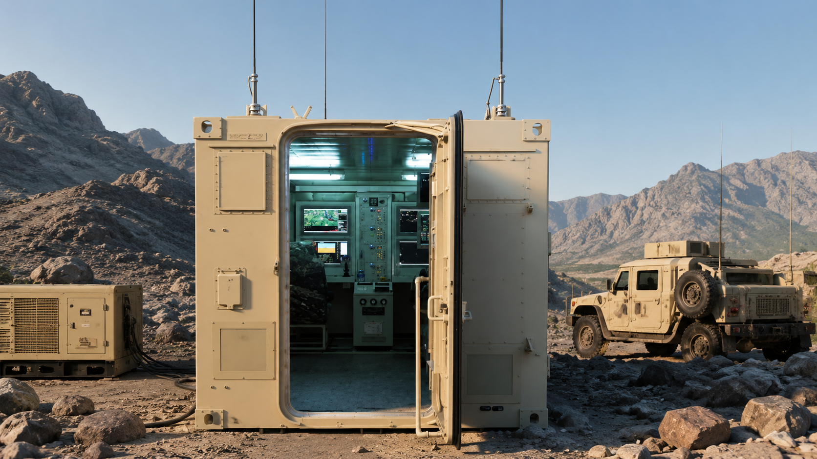 Aeolus ground control container deployed in the field alongside support vehicles