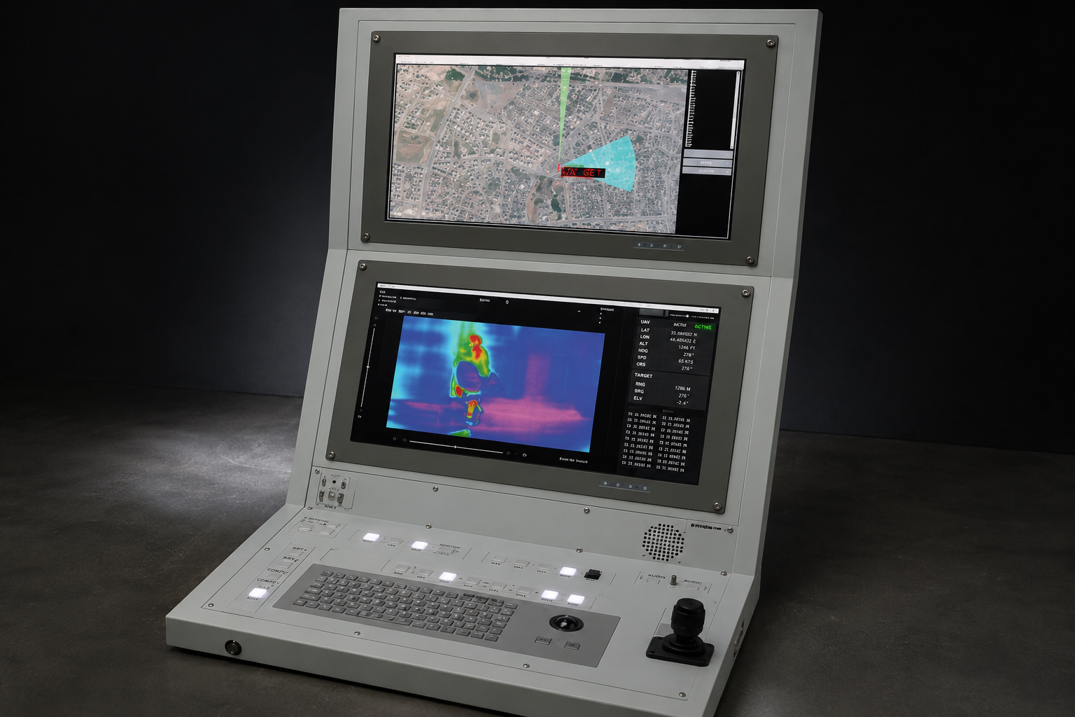 Tactical console displaying live map and thermal feed