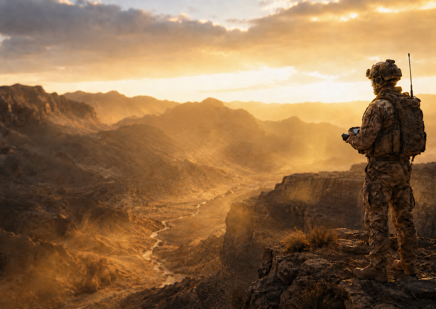 Aeolus UAS operator surveying mountainous terrain at dusk
