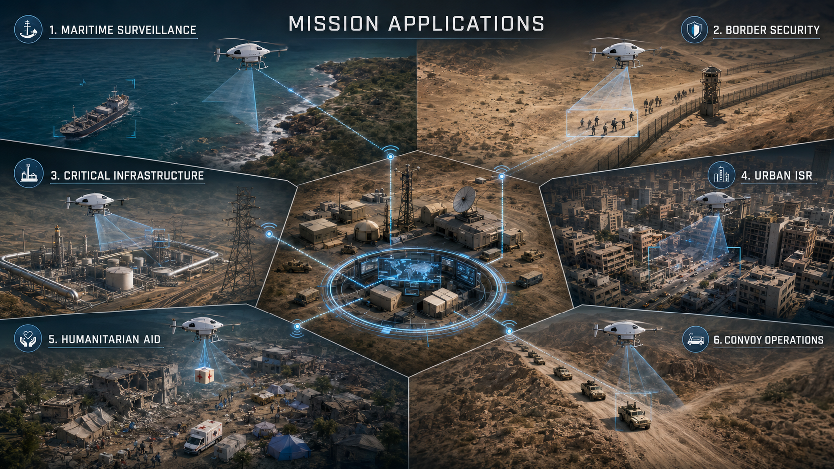 Aeolus UAS mission applications: maritime surveillance, border security, critical infrastructure, urban ISR, humanitarian aid, and convoy operations