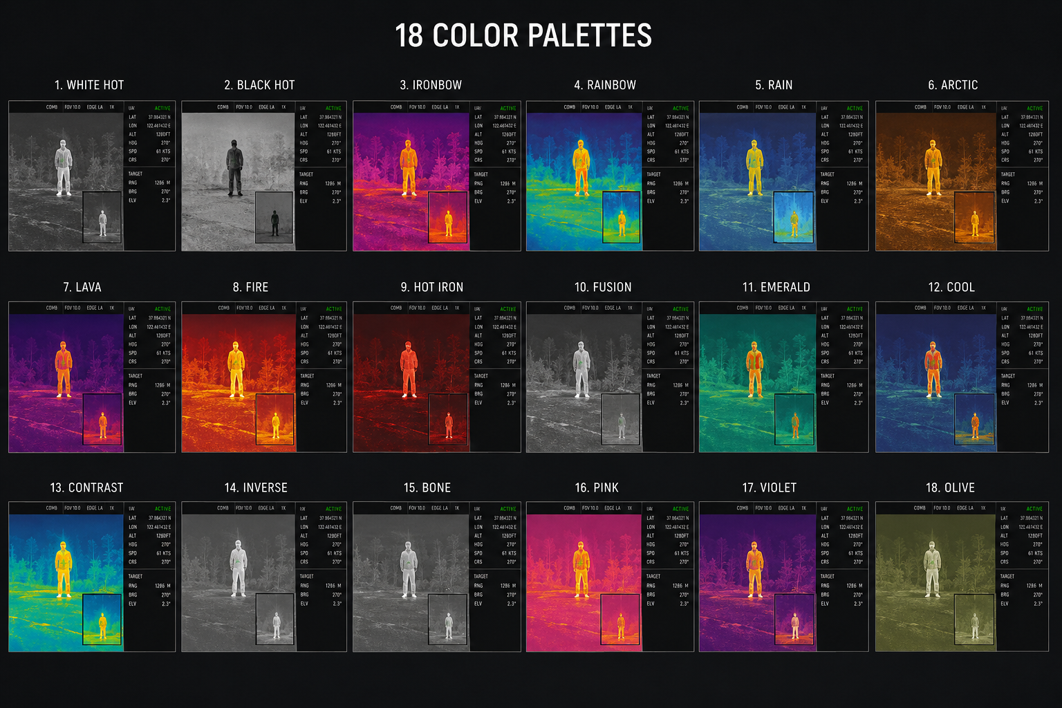 18 thermal imaging colour palettes